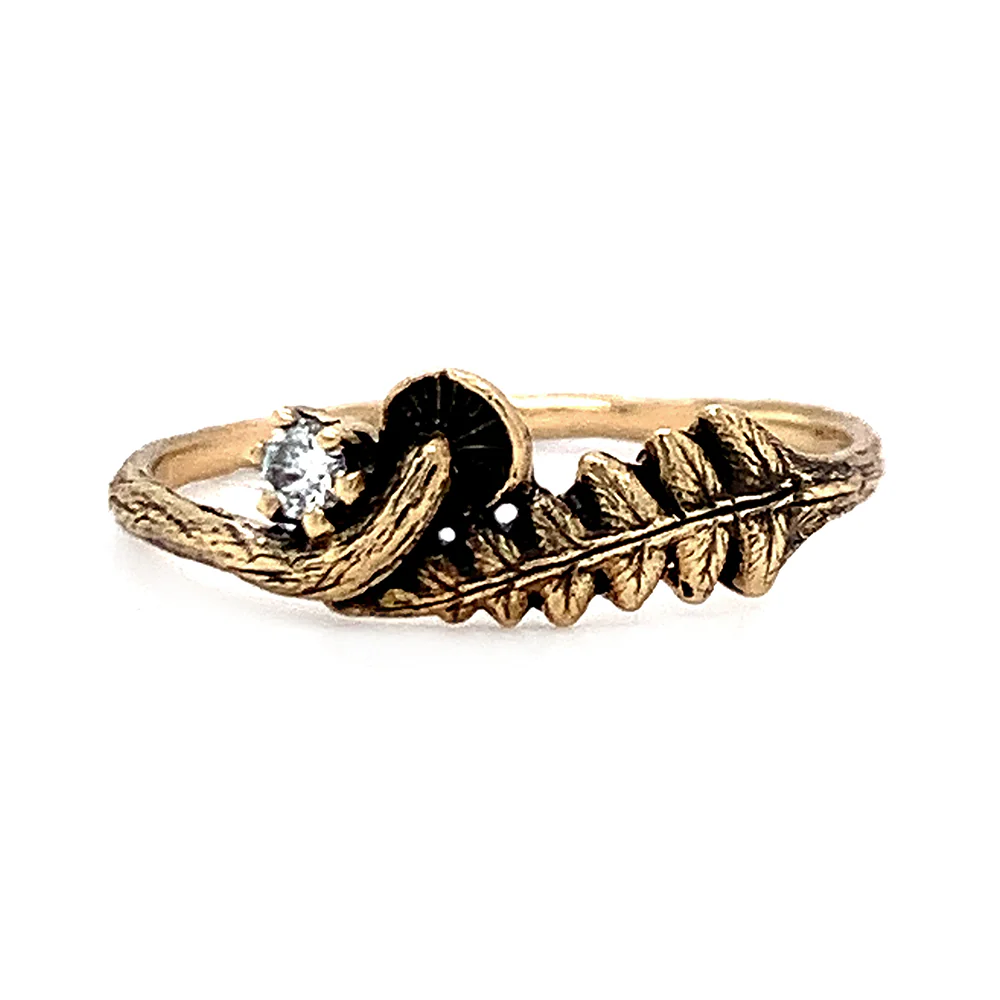 14K Yellow Gold & Diamond Ring - "Mushroom and Fern"