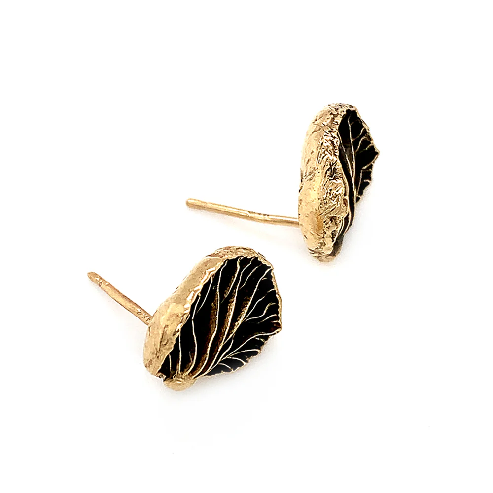 Yellow Gold Stud Earrings - "Large Oyster Mushrooms" - Image 3