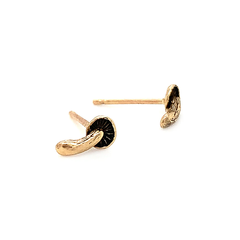 14K Yellow Gold Stud Earrings - "Tiny Mushrooms" - Image 2