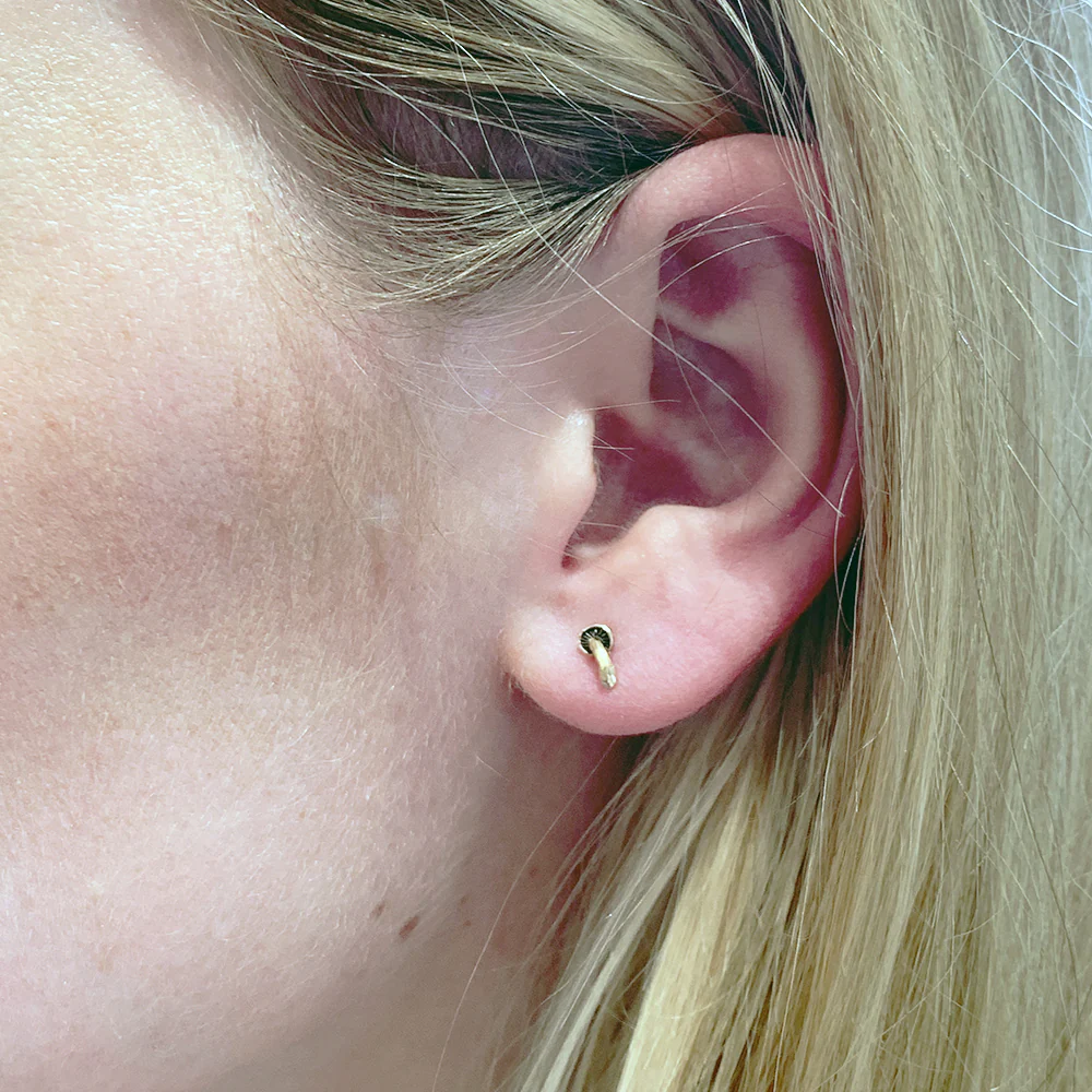 14K Yellow Gold Stud Earrings - "Tiny Mushrooms" - Image 3