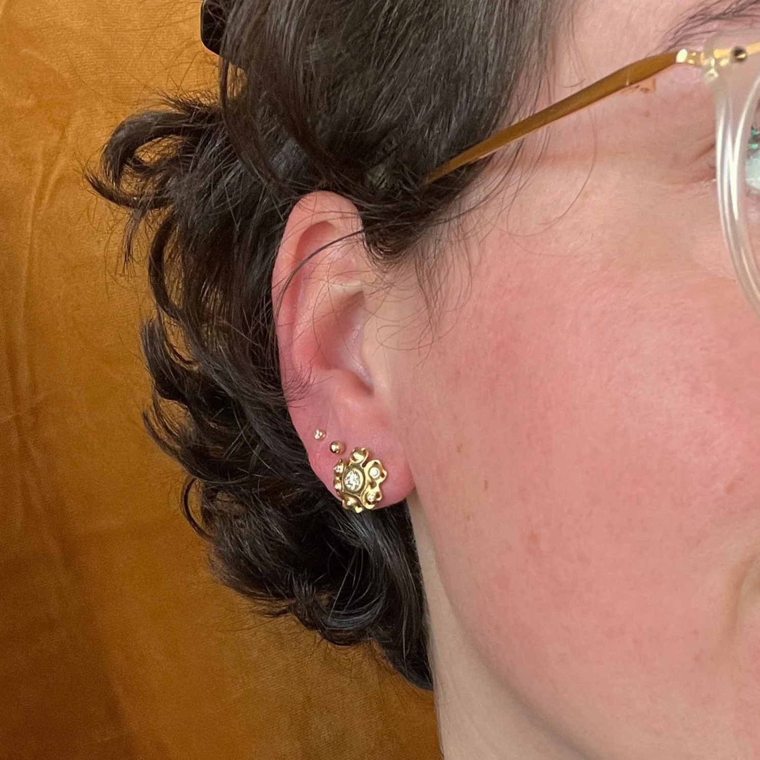 18K Yellow Gold Diamond Stud Earrings - "Rosette" - Image 3
