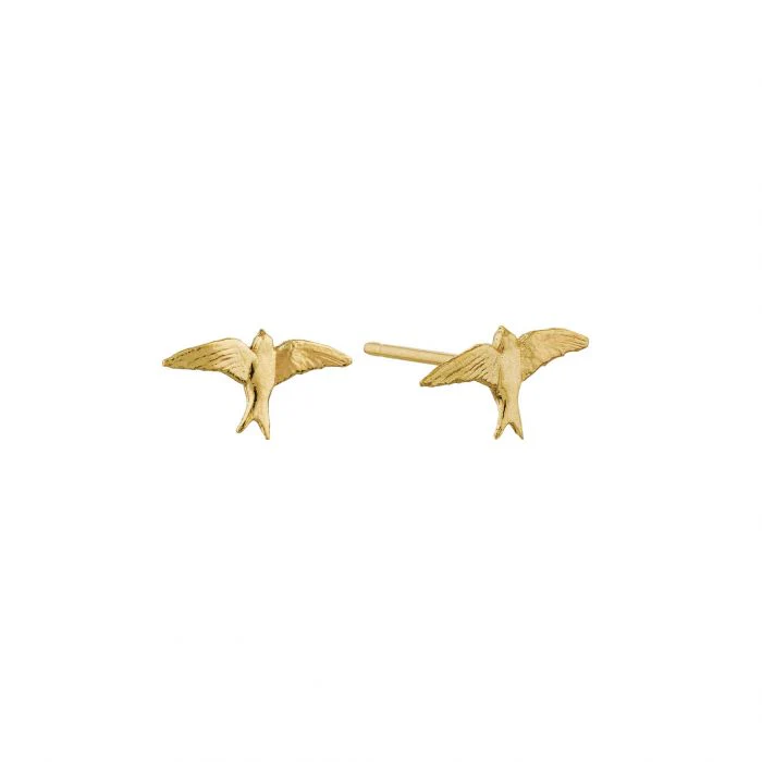 18K Yellow Gold Stud Earrings - "Teeny Tiny Swallows" - Image 2