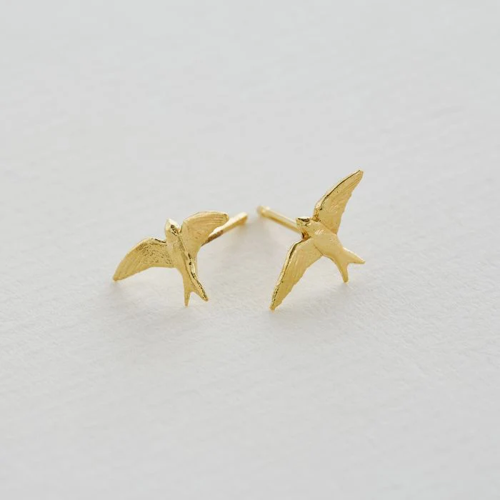18K Yellow Gold Stud Earrings - "Teeny Tiny Swallows" - Image 3