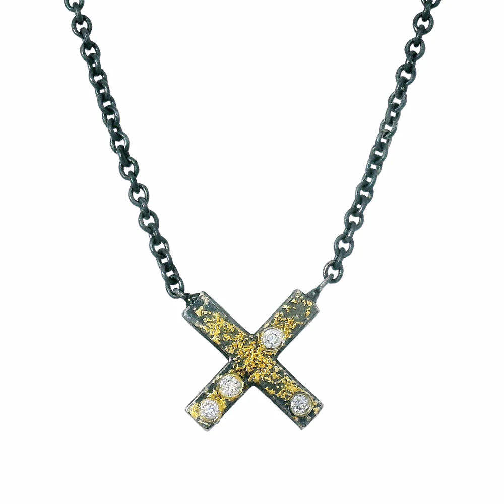 Diamond, Gold & Sterling Silver Necklace - "X" - Image 2