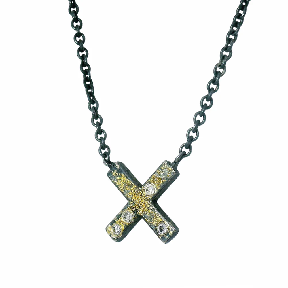 Diamond, Gold & Sterling Silver Necklace - "X" - Image 3