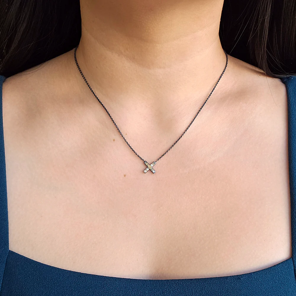 Diamond, Gold & Sterling Silver Necklace - "X" - Image 4