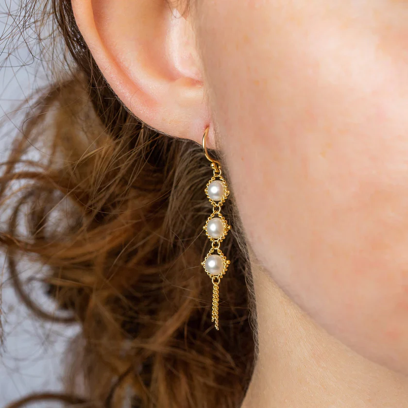 Freshwater Pearl & Gold Textile Drop Earrings - Image 2
