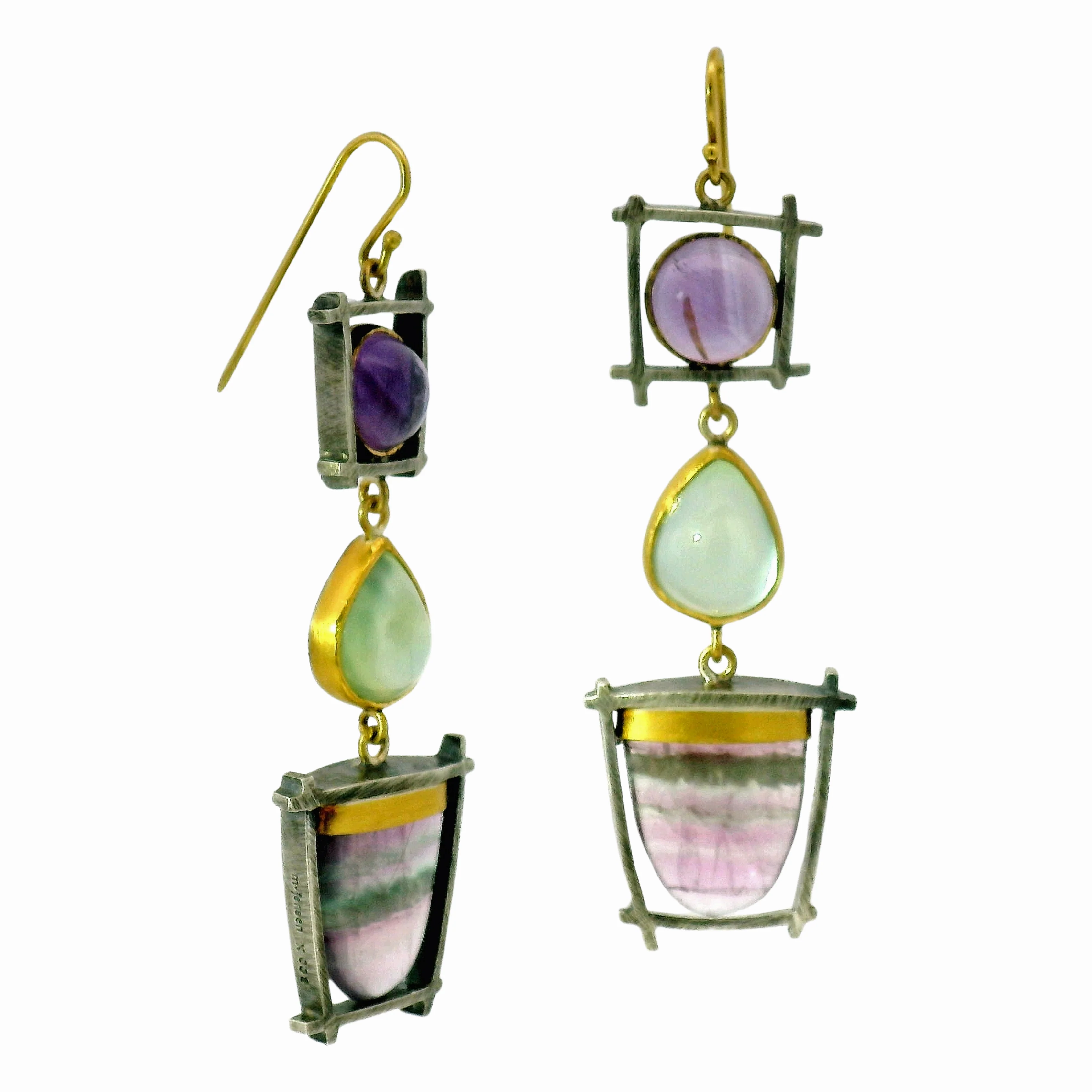 Amethyst, Prehnite & Fluorite Drop Earrings - "Suspension" - Image 3
