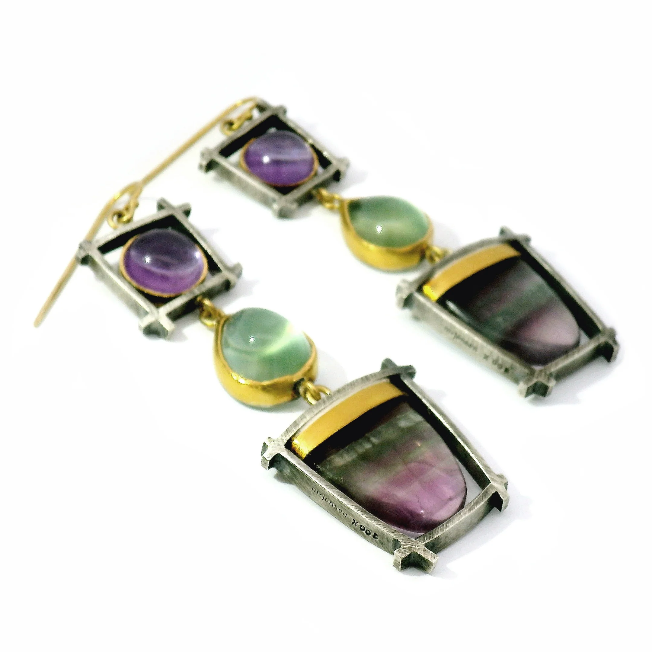 Amethyst, Prehnite & Fluorite Drop Earrings - "Suspension" - Image 4