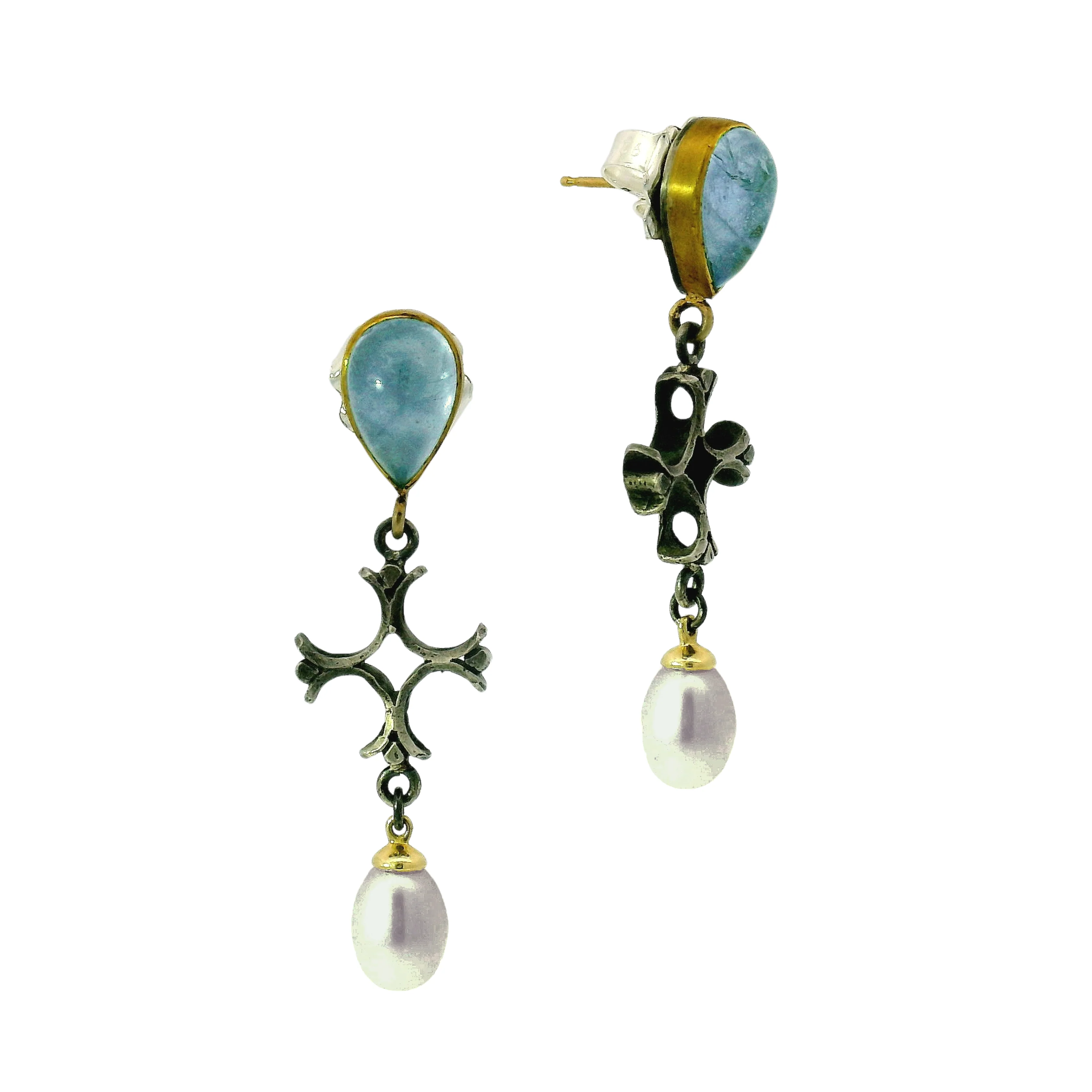Aquamarine & Akoya Pearl Drop Earrings - "Aquitaine" - Image 3