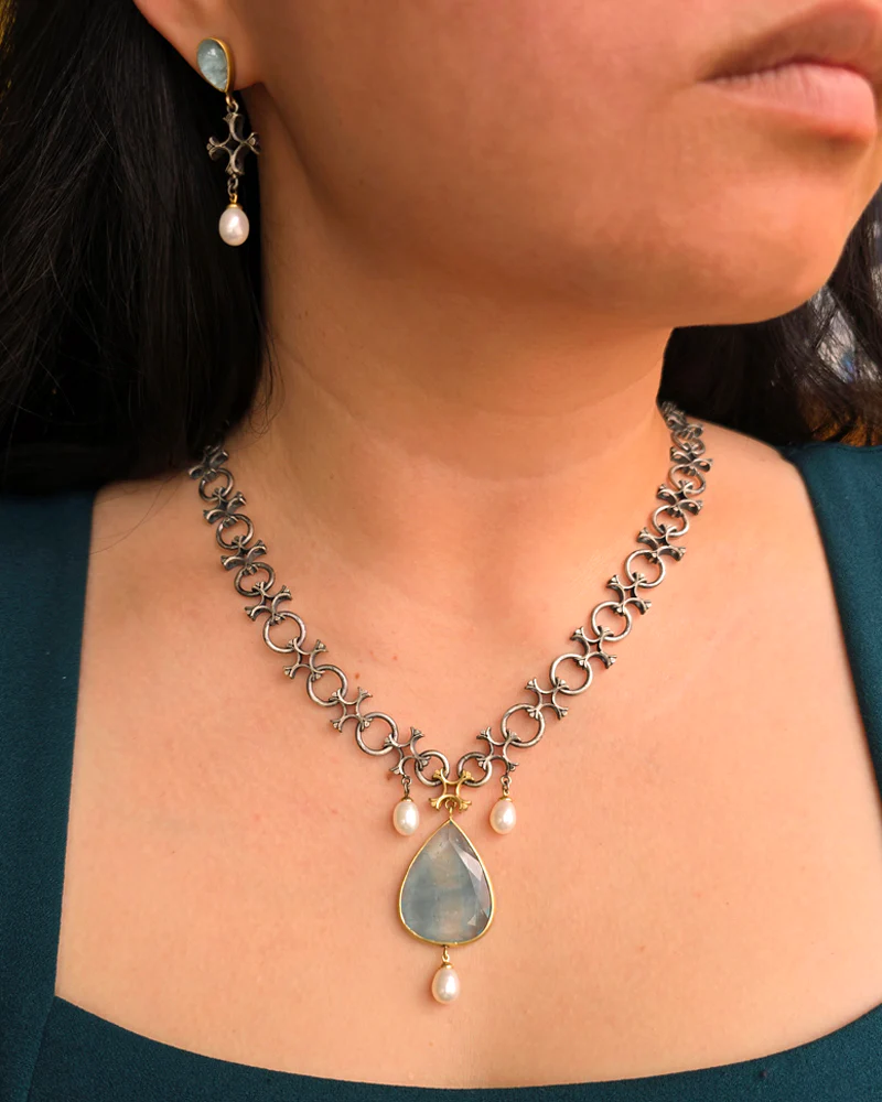 Aquamarine & Akoya Pearl Drop Earrings - "Aquitaine" - Image 4