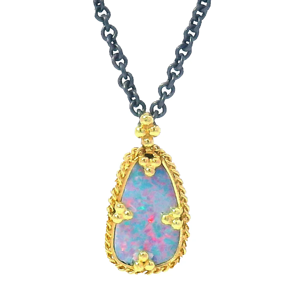 Australian Opal Doublet, Silver & Gold Necklace - "Monet's Palette" - Image 2
