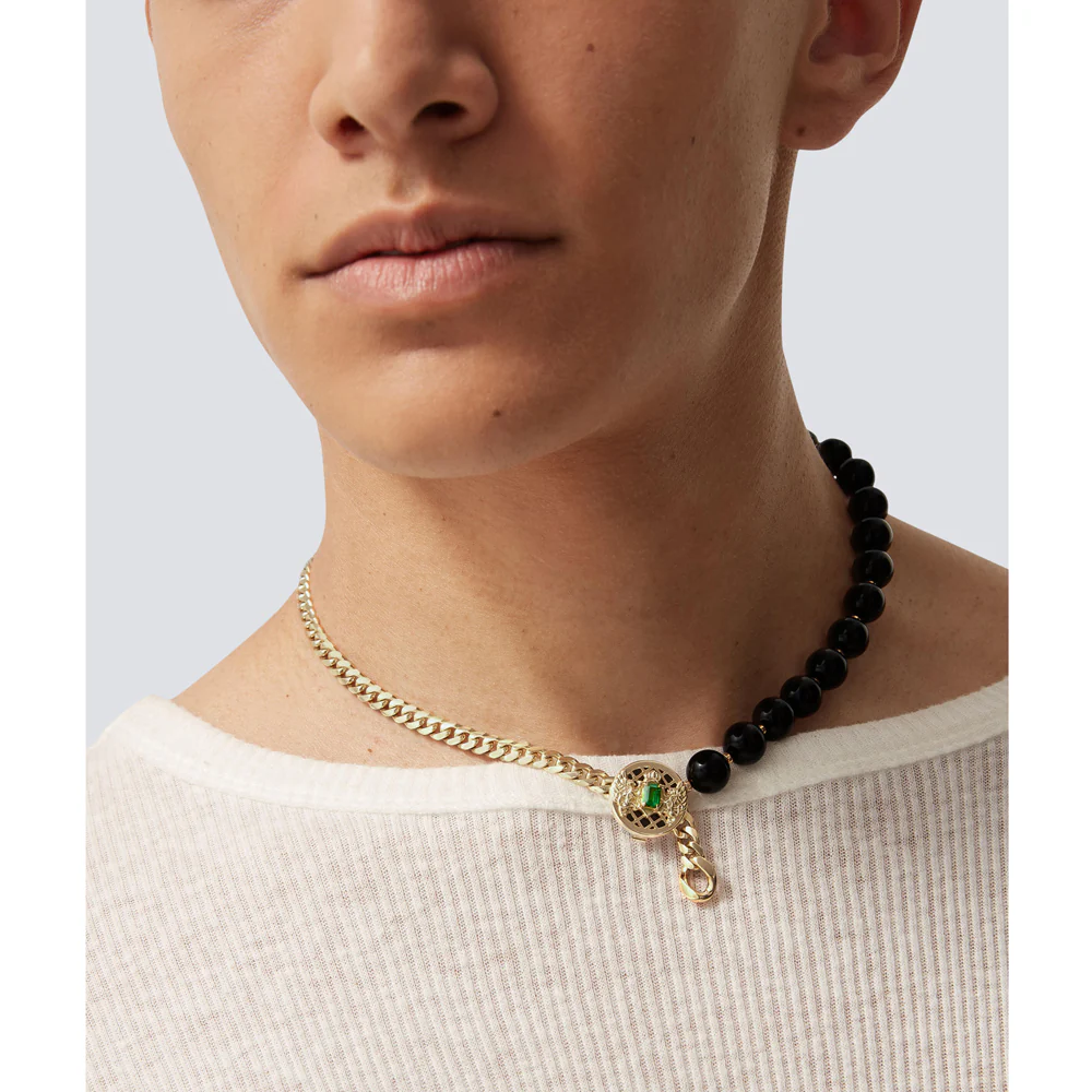 Balmain 18KY Yellow Gold Tsavorite and Onyx Emblem Necklace - Image 5