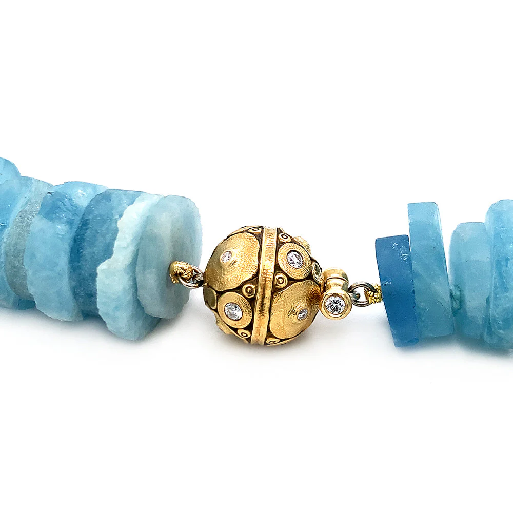 Beaded Rough Aquamarine Disc Necklace with Diamond Lilies Clasp - "Glaciers Edge" - Image 4
