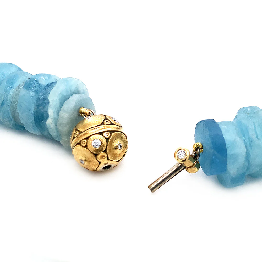 Beaded Rough Aquamarine Disc Necklace with Diamond Lilies Clasp - "Glaciers Edge" - Image 5