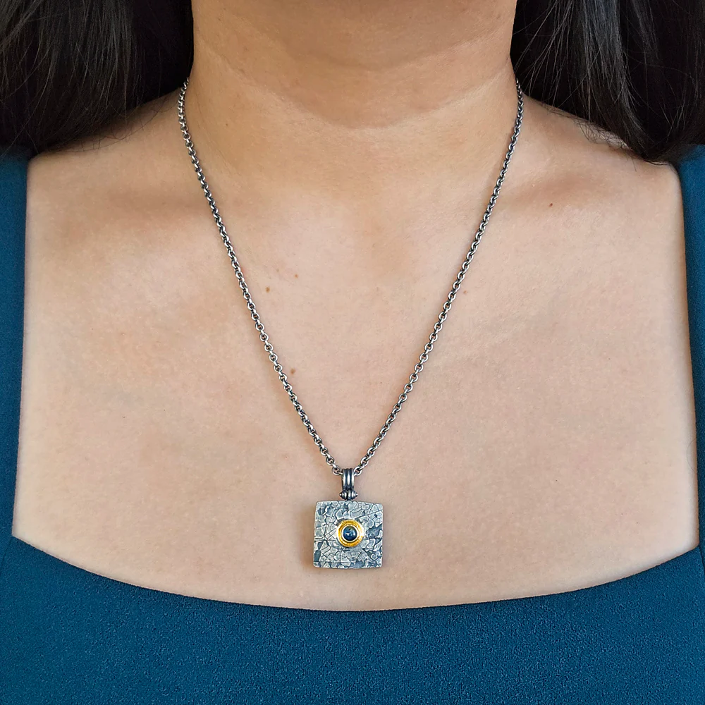 Blue Montana Sapphire, Silver & Gold Necklace - "Mini Square" - Image 2