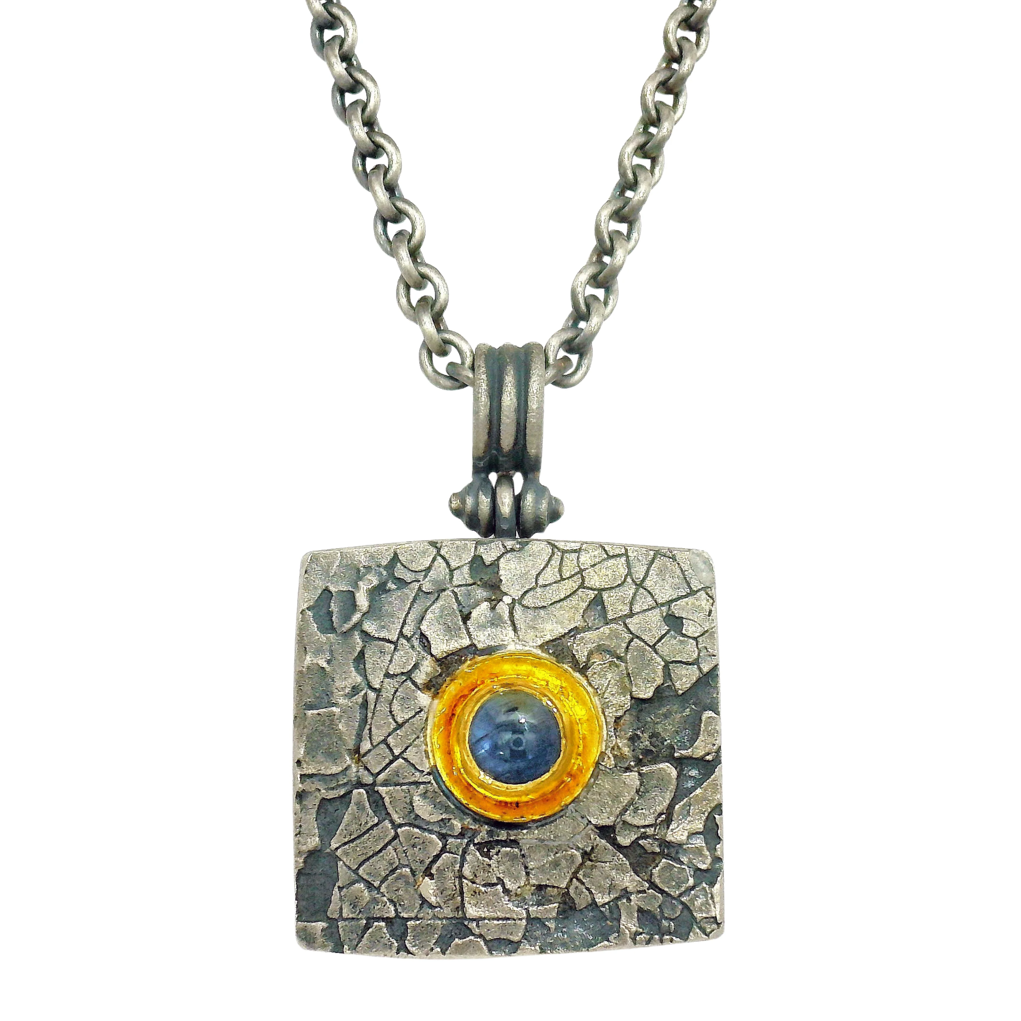 Blue Montana Sapphire, Silver & Gold Necklace - "Mini Square" - Image 3