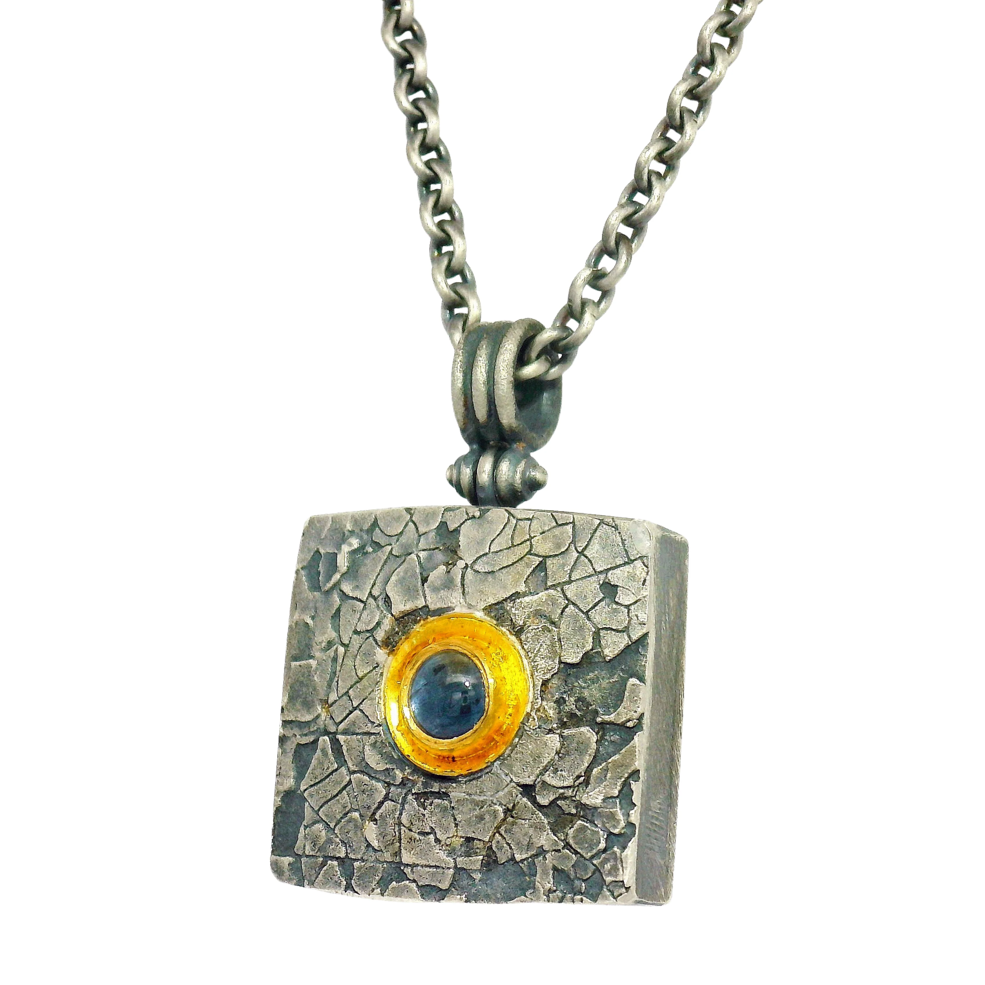 Blue Montana Sapphire, Silver & Gold Necklace - "Mini Square" - Image 4