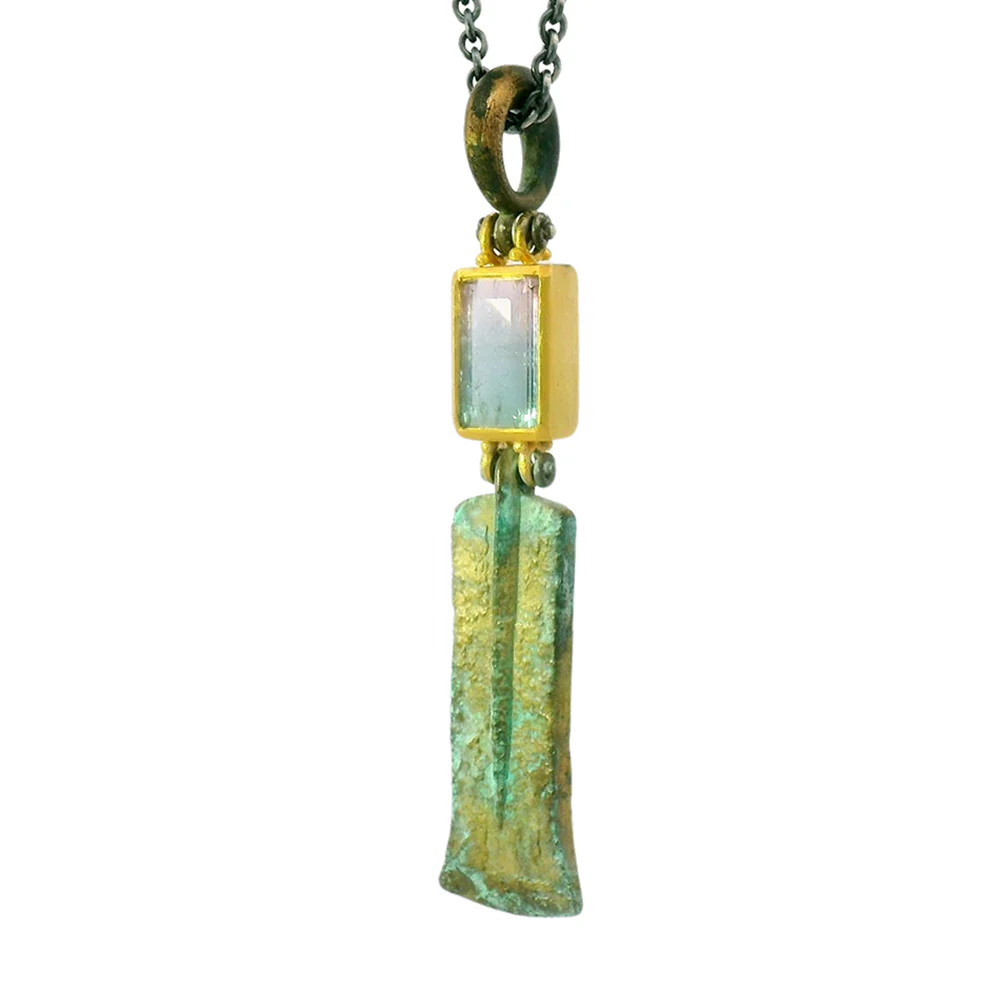 Parti Colored Tourmaline & Antiqued Bronze Drop Necklace - "Xiphos" - Image 3
