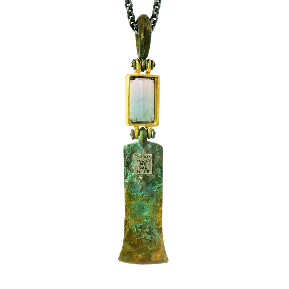 Parti Colored Tourmaline & Antiqued Bronze Drop Necklace - "Xiphos" - Image 4