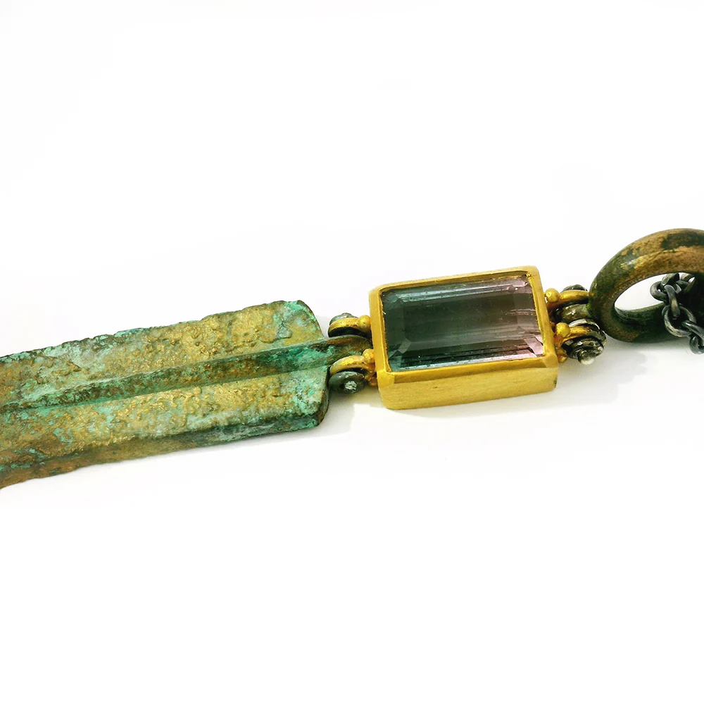 Parti Colored Tourmaline & Antiqued Bronze Drop Necklace - "Xiphos" - Image 5