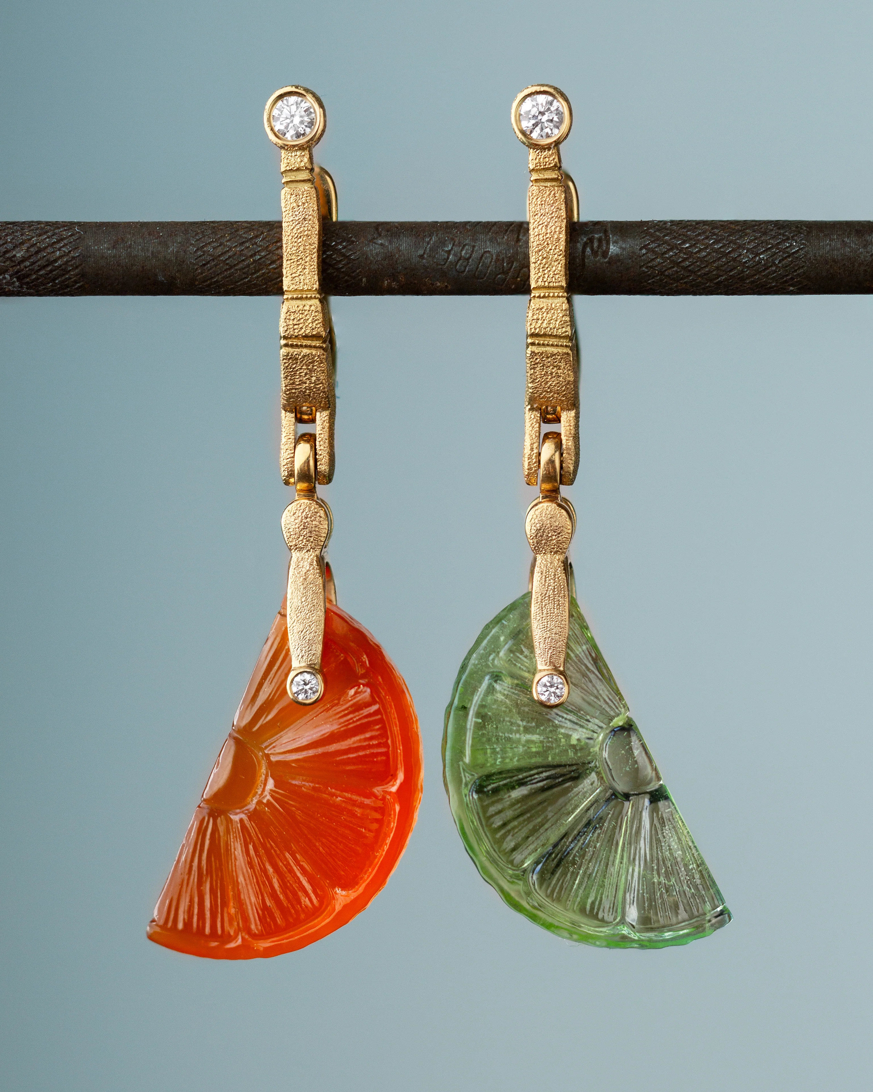 Carved Carnelian & Peridot Citrus Slice Earrings - "Sticks & Stones" - Image 2