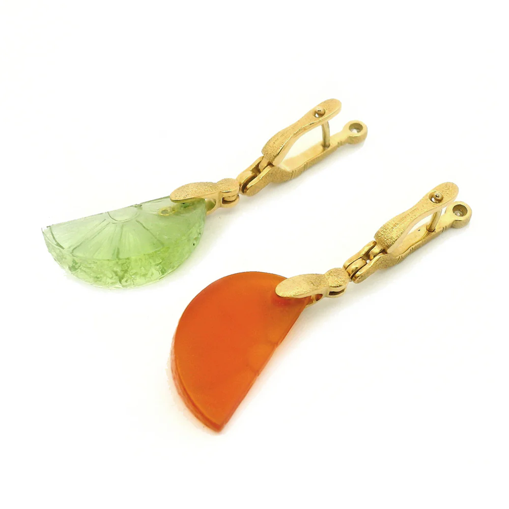 Carved Carnelian & Peridot Citrus Slice Earrings - "Sticks & Stones" - Image 3