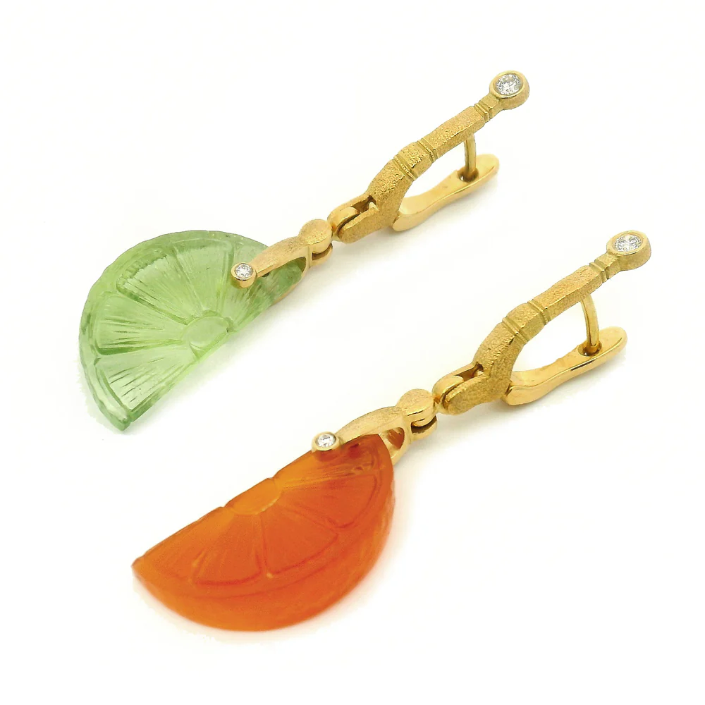 Carved Carnelian & Peridot Citrus Slice Earrings - "Sticks & Stones" - Image 4