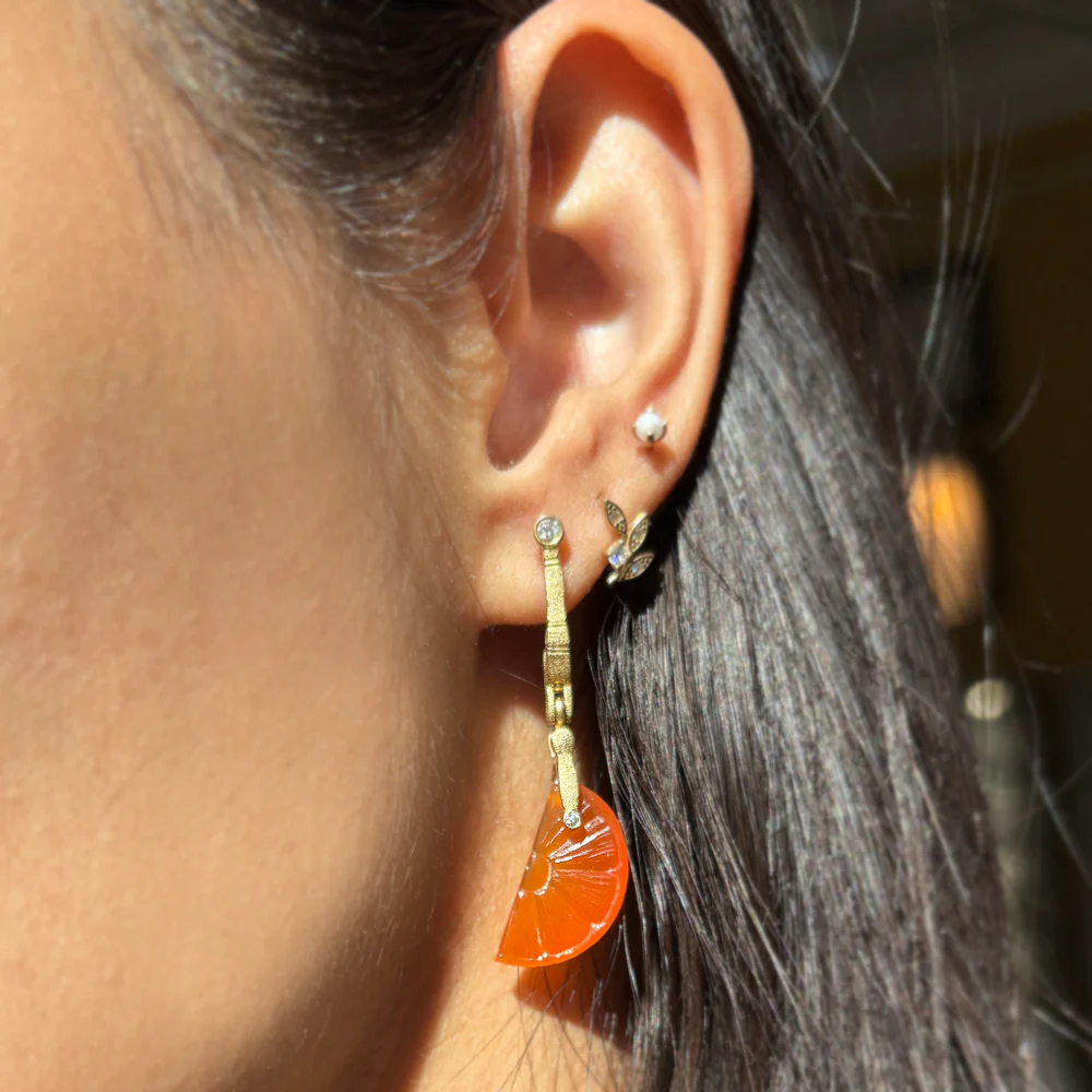 Carved Carnelian & Peridot Citrus Slice Earrings - "Sticks & Stones" - Image 6