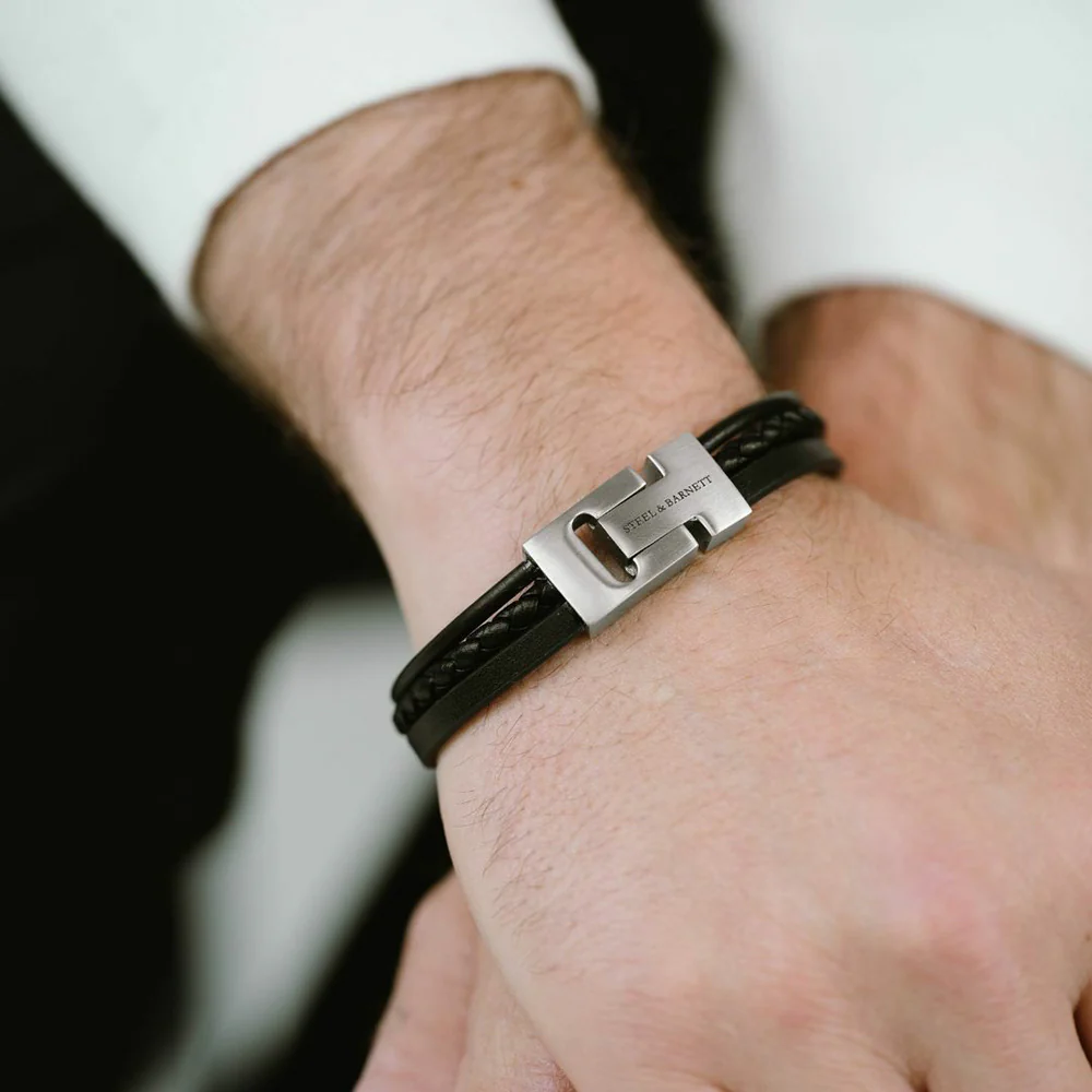 "Casual Cole" Black Three-Strand Leather Bracelet by Steel & Barnett - Image 2
