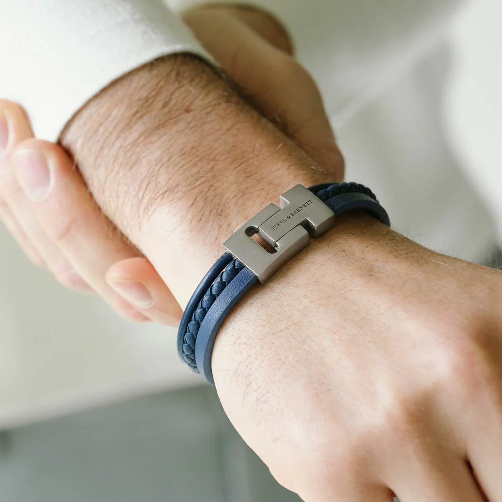"Casual Cole" Denim Blue Three-Strand Leather Bracelet by Steel & Barnett - Image 2