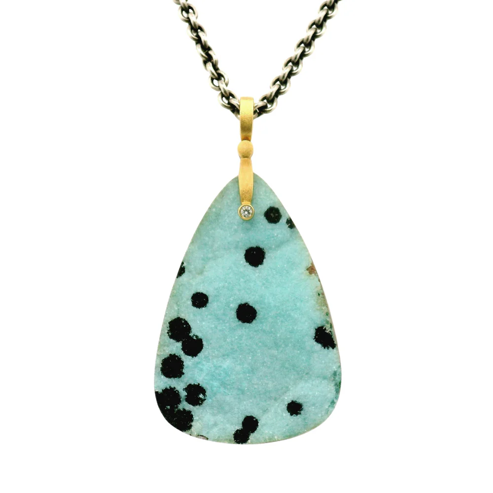Chrysocolla Drusy & Yellow Gold Pendant - "Sticks & Stones" - Image 2
