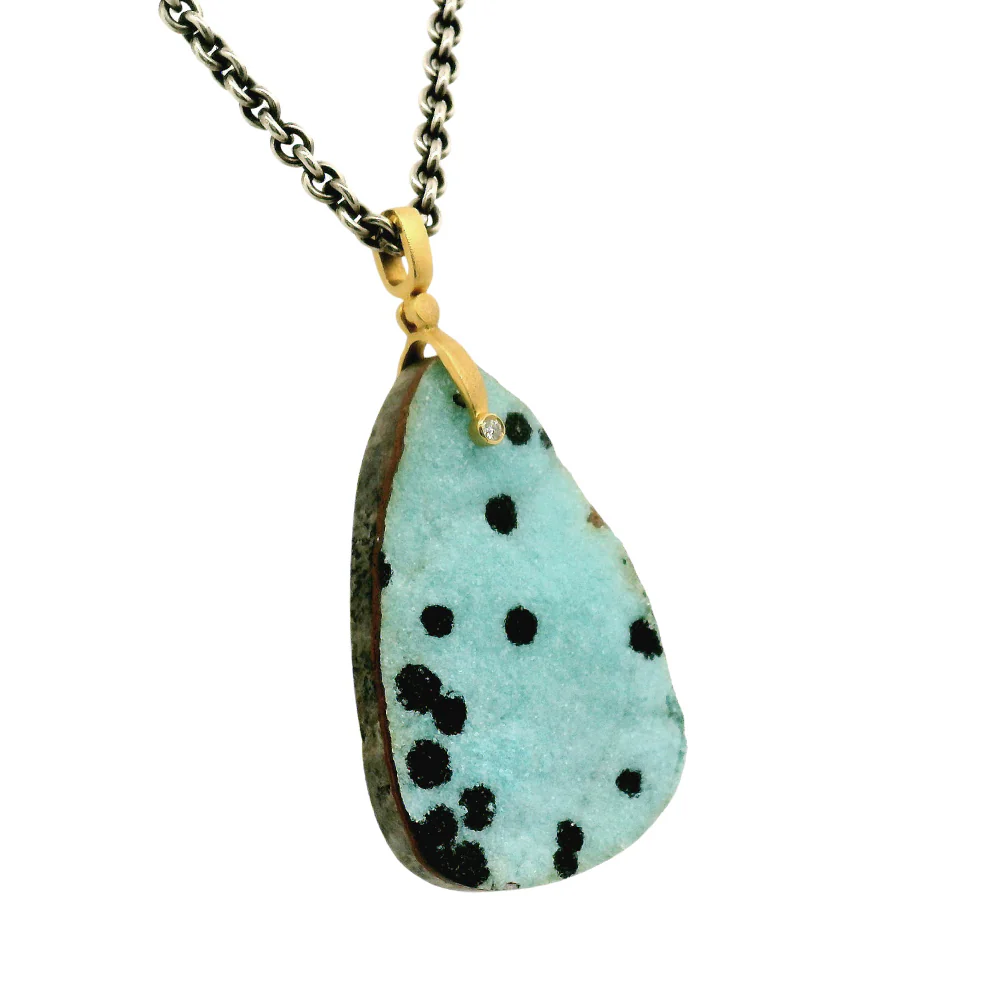 Chrysocolla Drusy & Yellow Gold Pendant - "Sticks & Stones" - Image 3