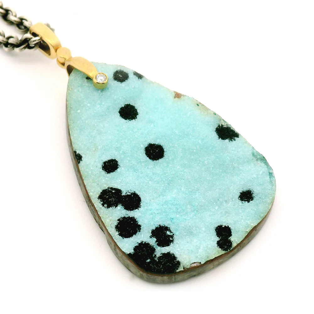 Chrysocolla Drusy & Yellow Gold Pendant - "Sticks & Stones" - Image 5