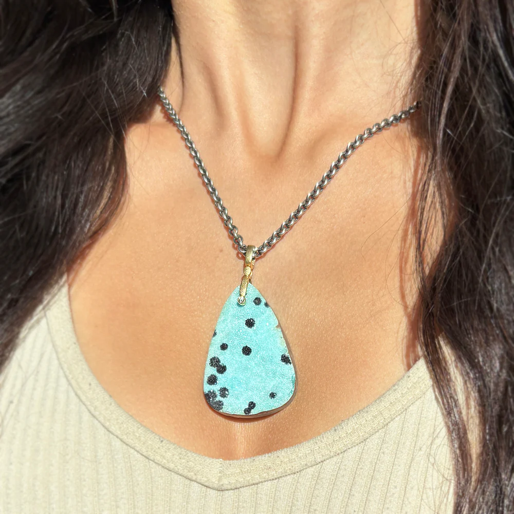Chrysocolla Drusy & Yellow Gold Pendant - "Sticks & Stones" - Image 6