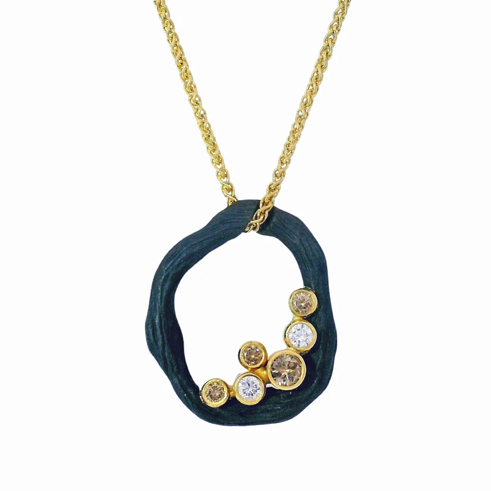Cognac & White Diamond Blackened Cobalt Chrome Necklace - "Pebble" - Image 2