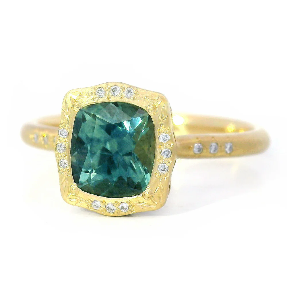 Cushion Shaped Green-Blue Montana Sapphire Ring - "Lunaris" - Image 2