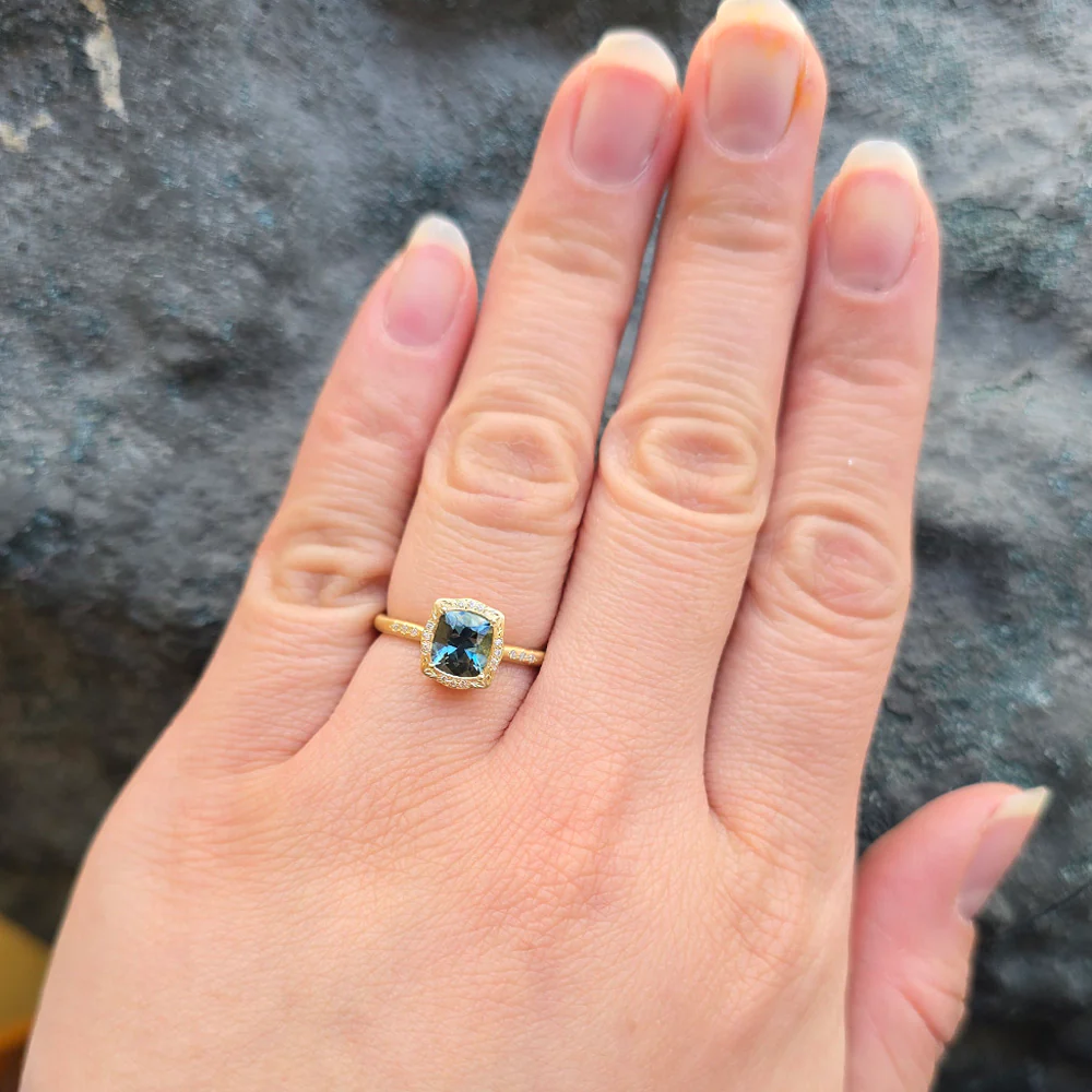 Cushion Shaped Green-Blue Montana Sapphire Ring - "Lunaris" - Image 3