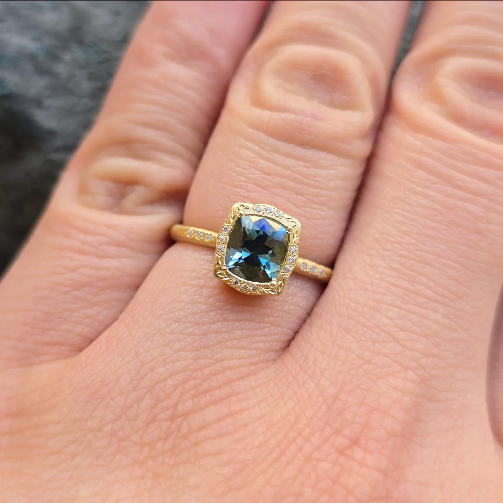 Cushion Shaped Green-Blue Montana Sapphire Ring - "Lunaris" - Image 5