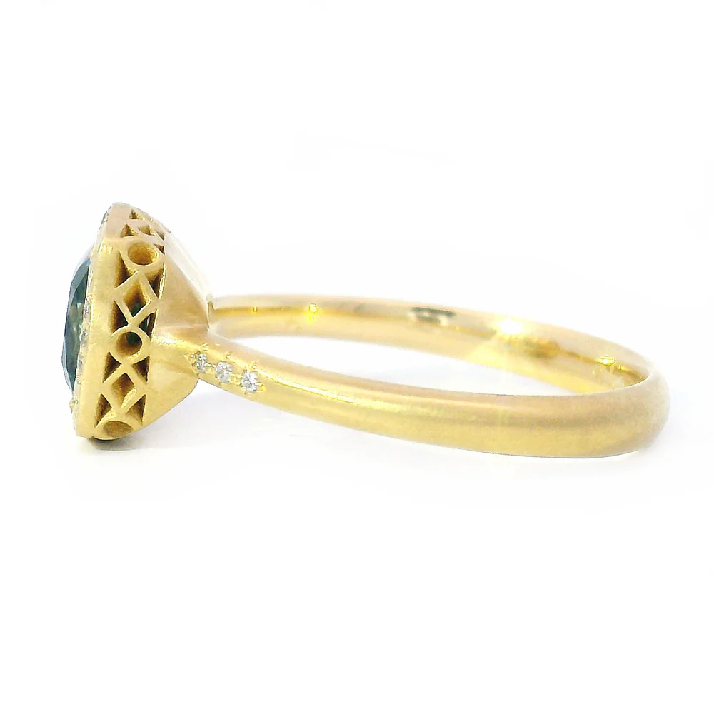 Cushion Shaped Green-Blue Montana Sapphire Ring - "Lunaris" - Image 6