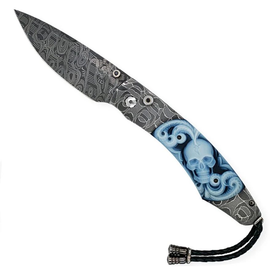 Damascus Steel & Carved Agate Spearpoint Knife - "B12 Belfry"
