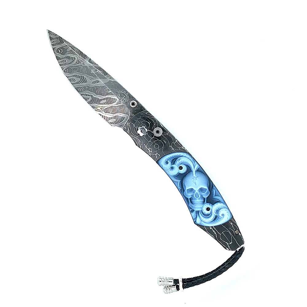 Damascus Steel & Carved Agate Spearpoint Knife - "B12 Belfry" - Image 5