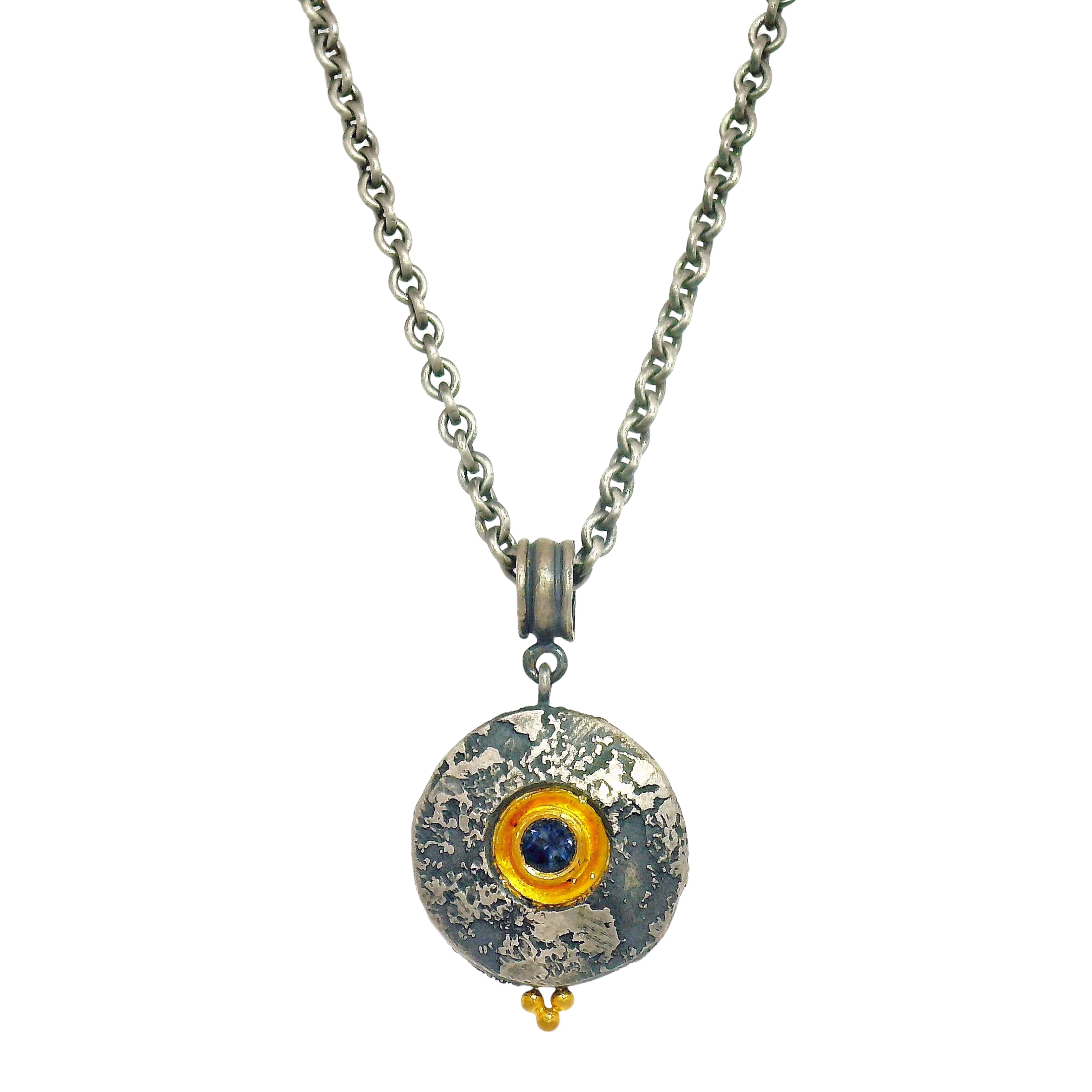 Deep Blue Montana Sapphire, Silver & Gold Necklace - "Mini Maru"