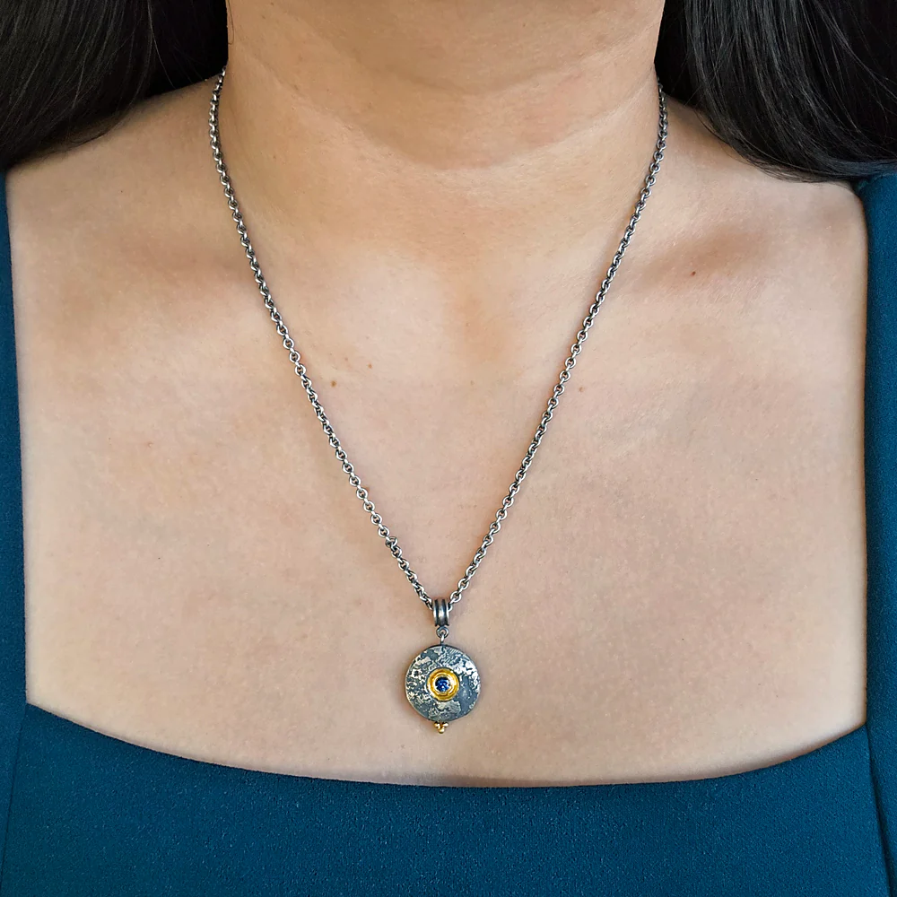 Deep Blue Montana Sapphire, Silver & Gold Necklace - "Mini Maru" - Image 2