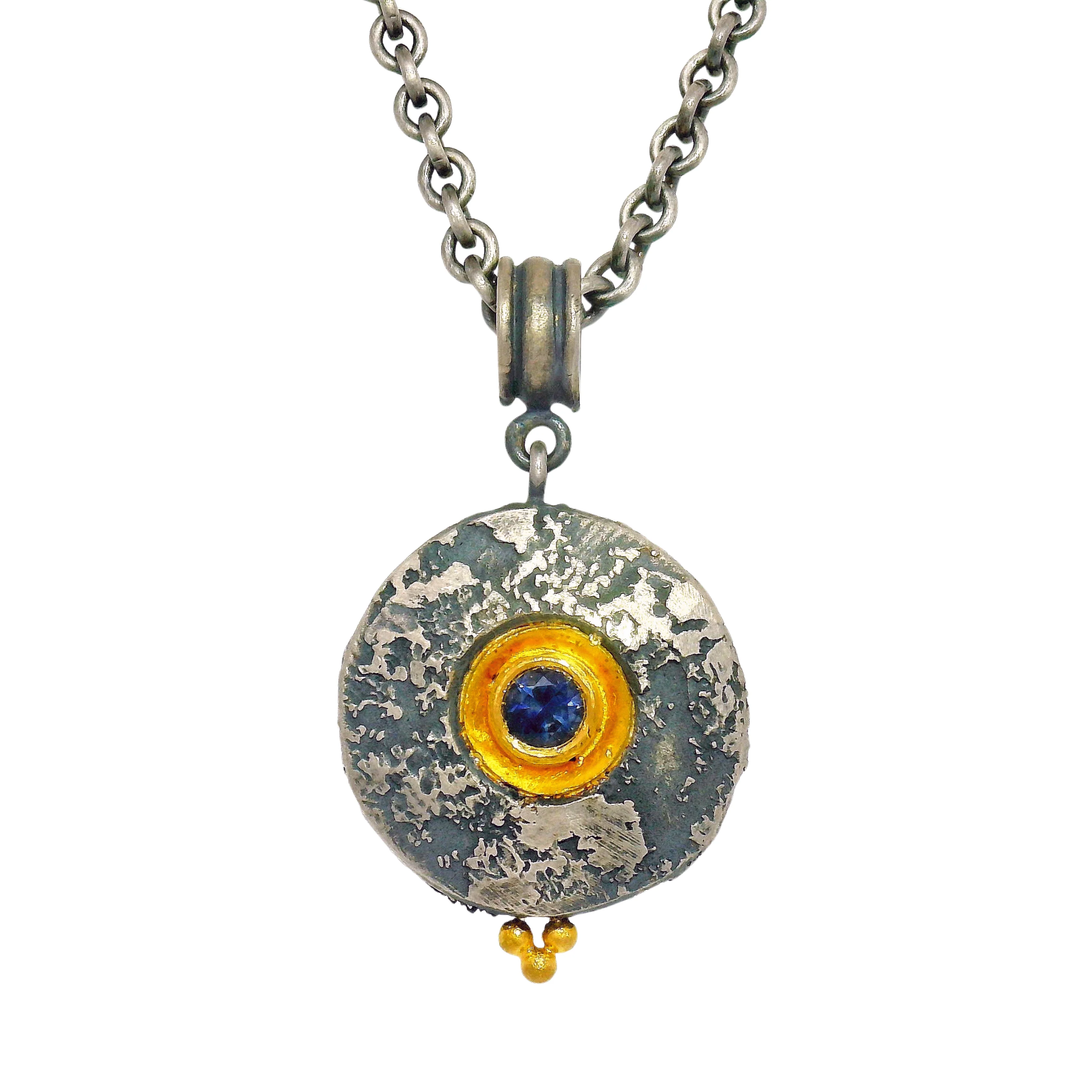 Deep Blue Montana Sapphire, Silver & Gold Necklace - "Mini Maru" - Image 3