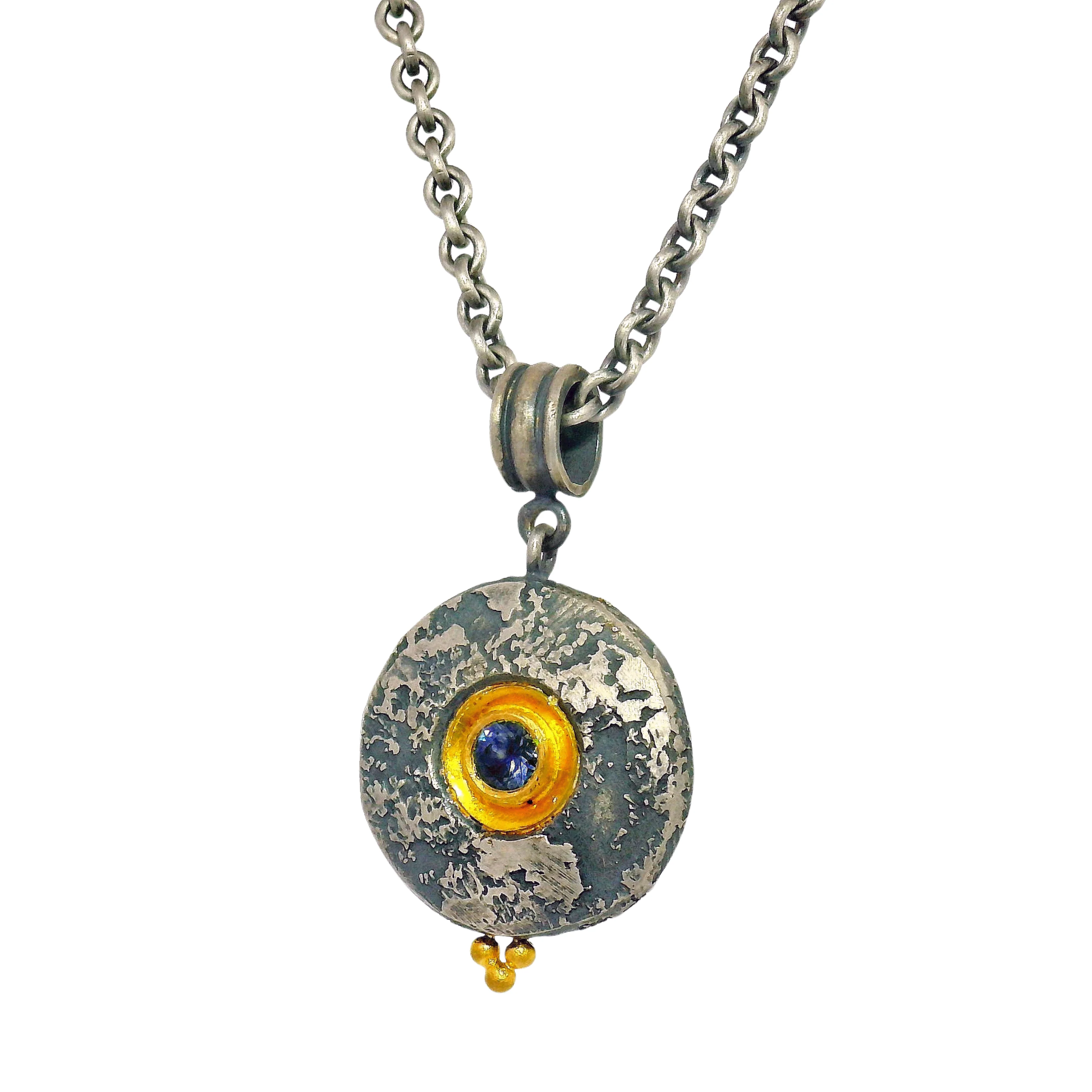 Deep Blue Montana Sapphire, Silver & Gold Necklace - "Mini Maru" - Image 4