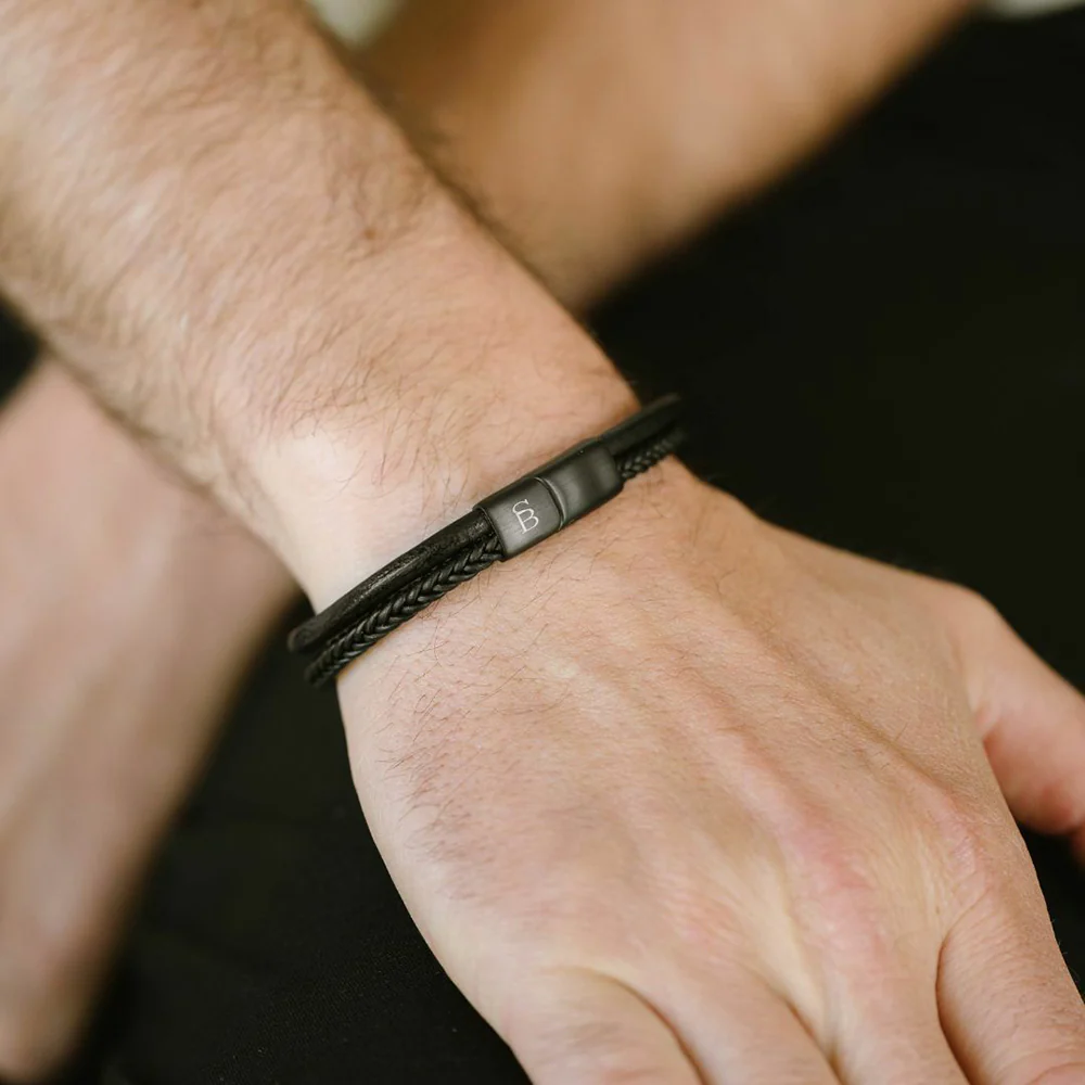 "Denby" Black Two-Strand Leather Bracelet with Black Clasp by Steel & Barnett - Image 2