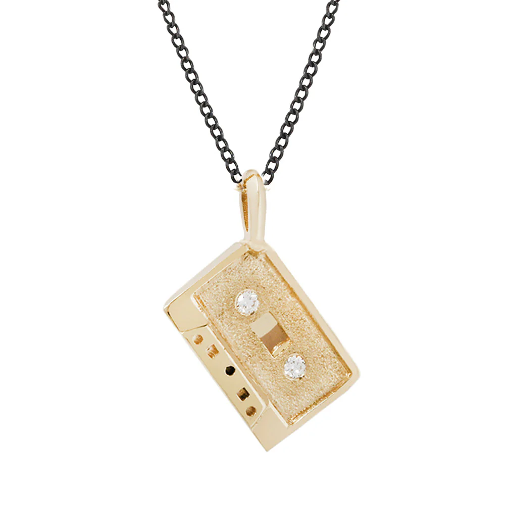 Diamond Accented Yellow Gold Medium Mixtape Pendant & Oxidized Silver Curb Chain - Image 2
