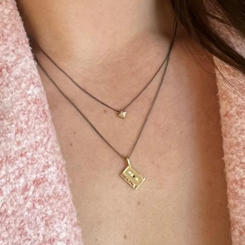 Diamond Accented Yellow Gold Medium Mixtape Pendant & Oxidized Silver Curb Chain - Image 3