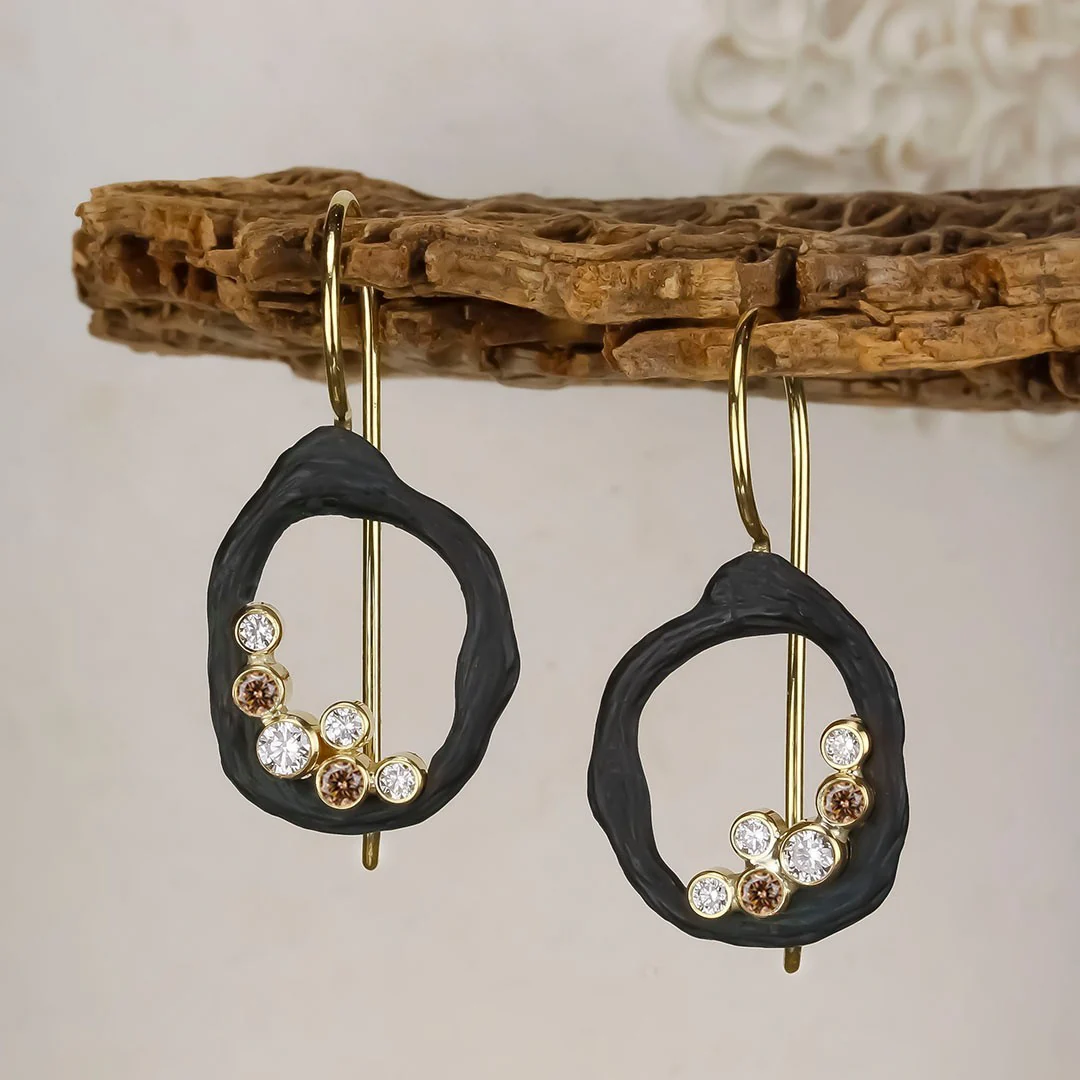 Diamond & Blackened Cobalt Chrome Earrings - "Pebble" - Image 2